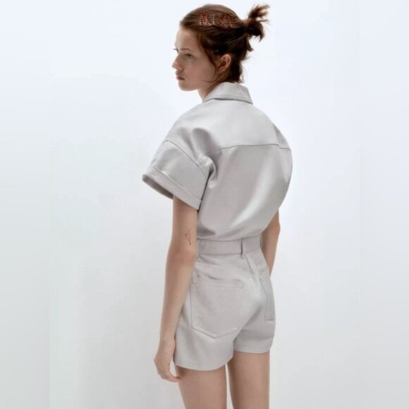 NWT ZARA Metallic Denim 100% Cotton DustyBlue Shimmer Short Romper 6929/201 Sz M - Picture 3 of 14